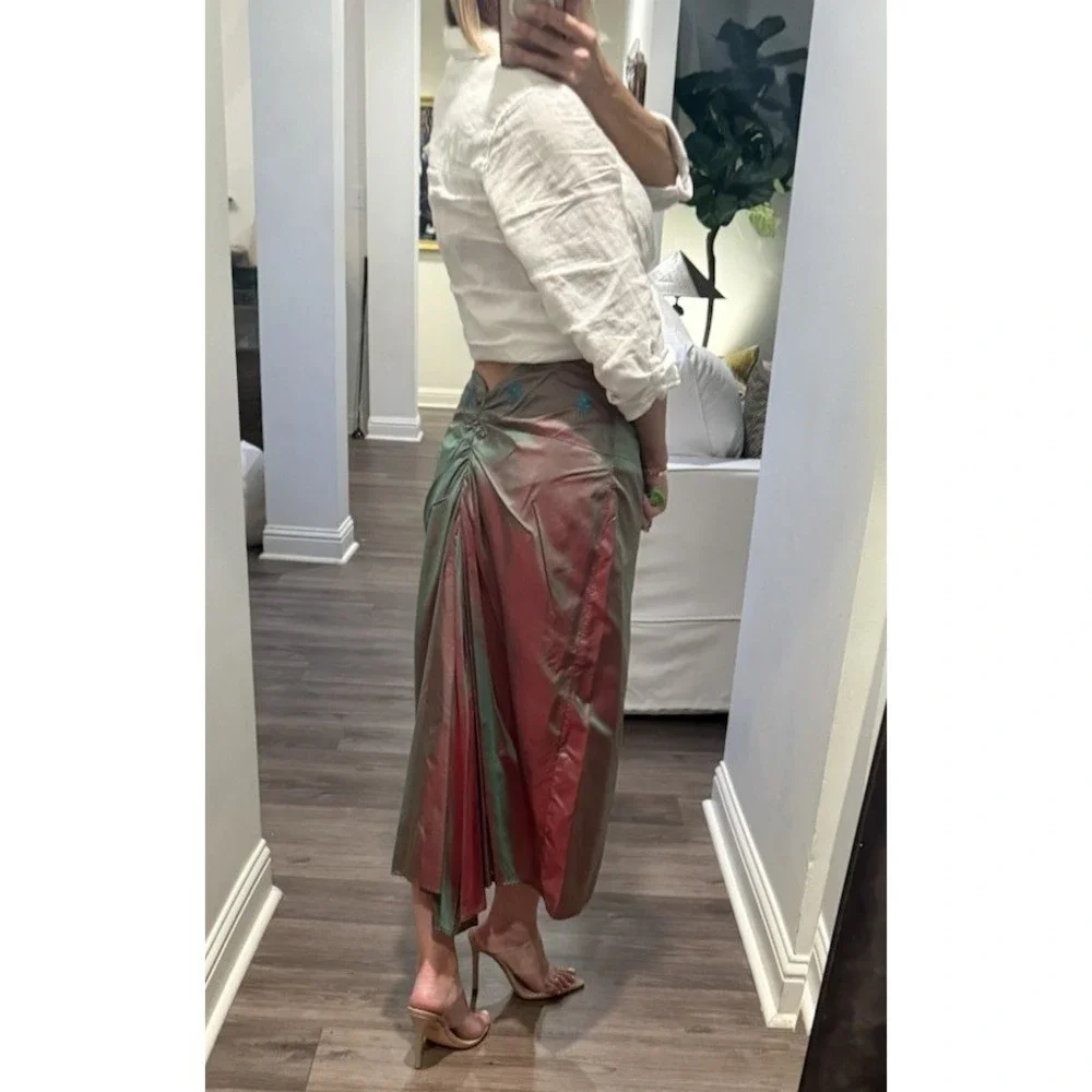 Vtg 90s Y2K Free People Silk Floral Embroidered Iridescent Midi Bussell Skirt - Picture 4 of 11
